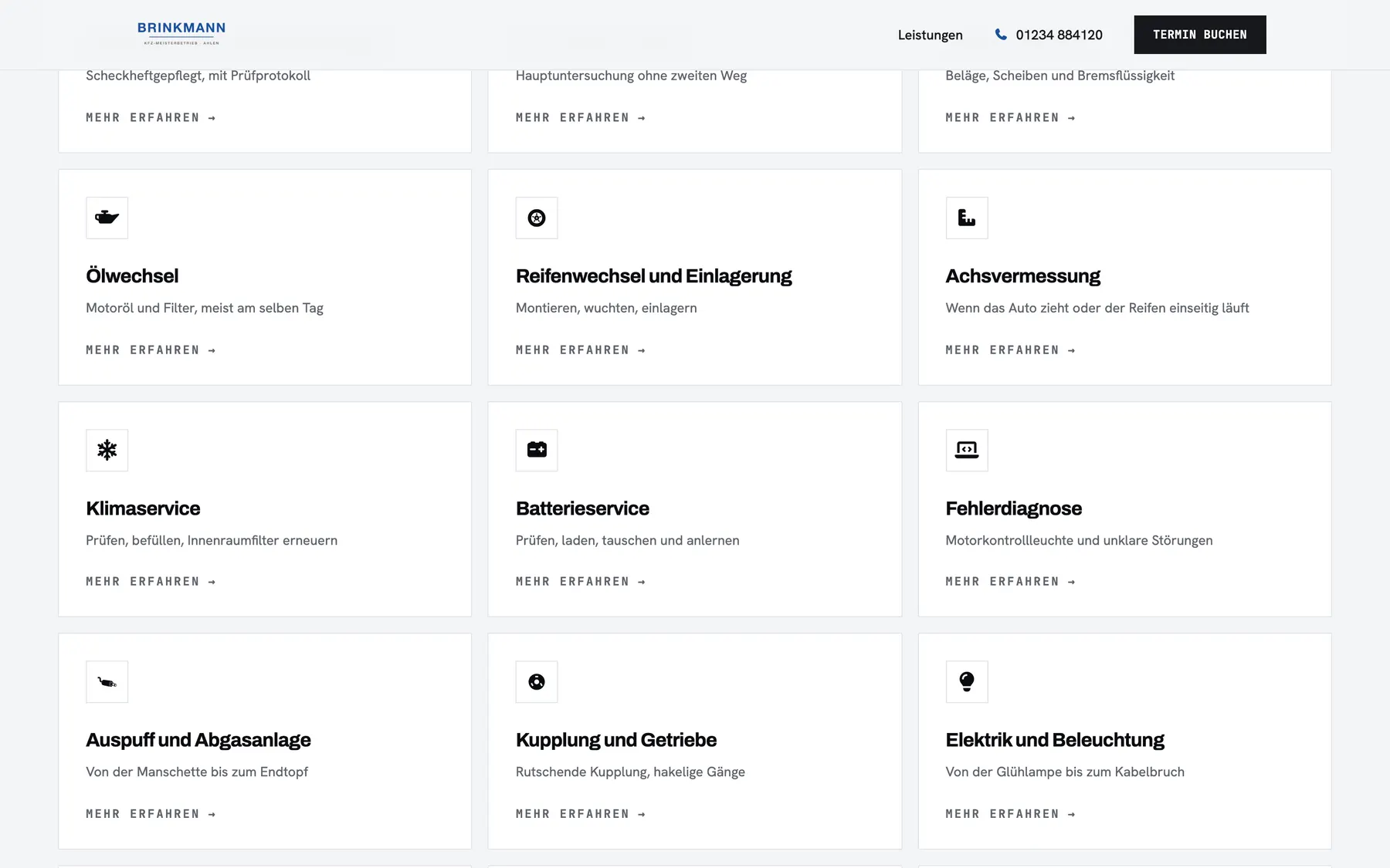 Leistungsübersicht einer Kfz-Werkstatt-Website