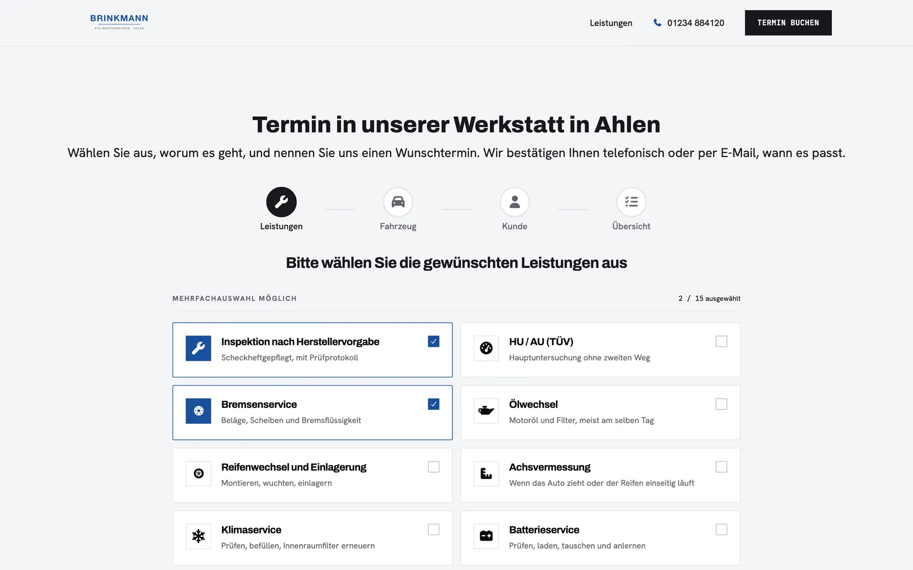 Auswahl der Leistungen in der Terminanfrage