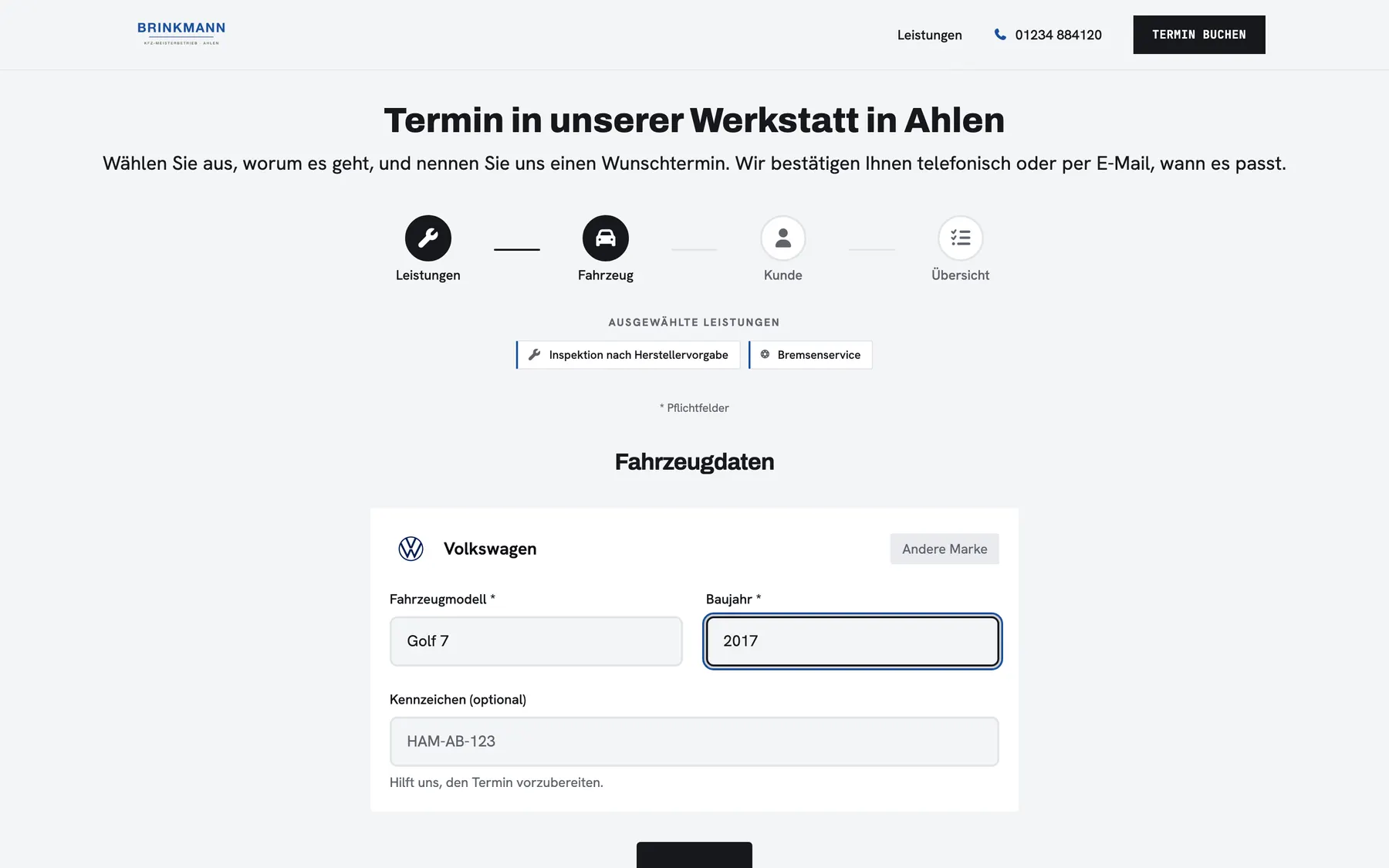 Fahrzeugdaten in der Terminanfrage