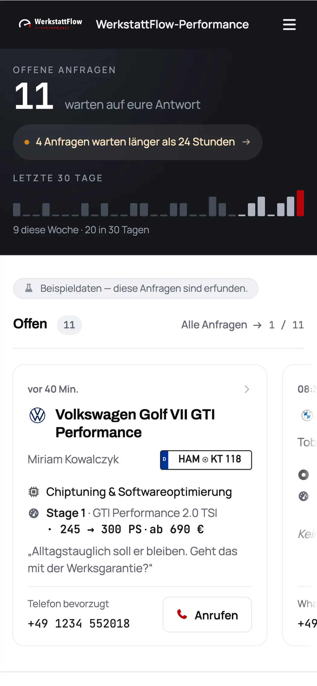 Dashboard auf dem Handy mit offenen Anfragen