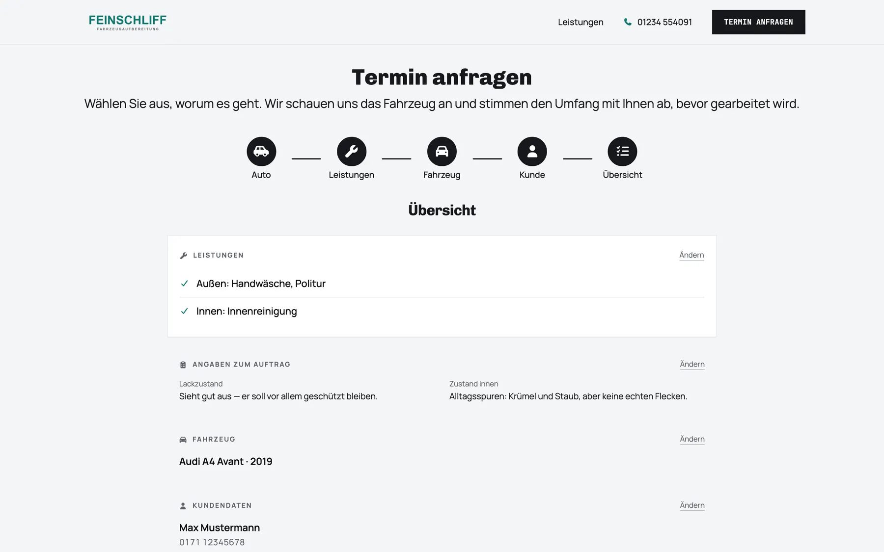Übersicht der Anfrage mit Stufen, Zustand und Fahrzeug